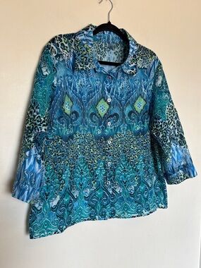 Drapers and Damons Boho Blouse Sz L/XL Embroidered Animal Print Linen Blend